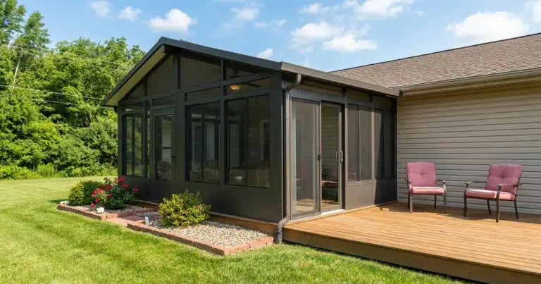 3-season vinyl sunroom attached to a Central Alberta home beside a backyard deck