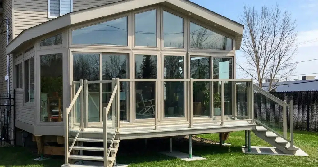 Insulated glass sunroom with a gabled roof attached to a two-storey home