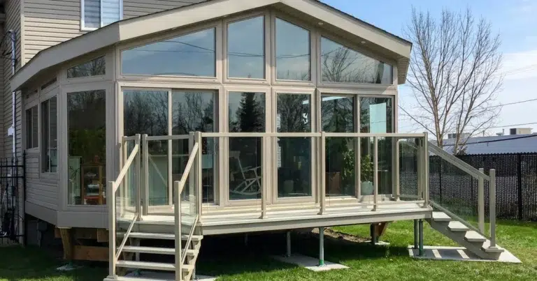 Insulated glass sunroom with a gabled roof attached to a two-storey home