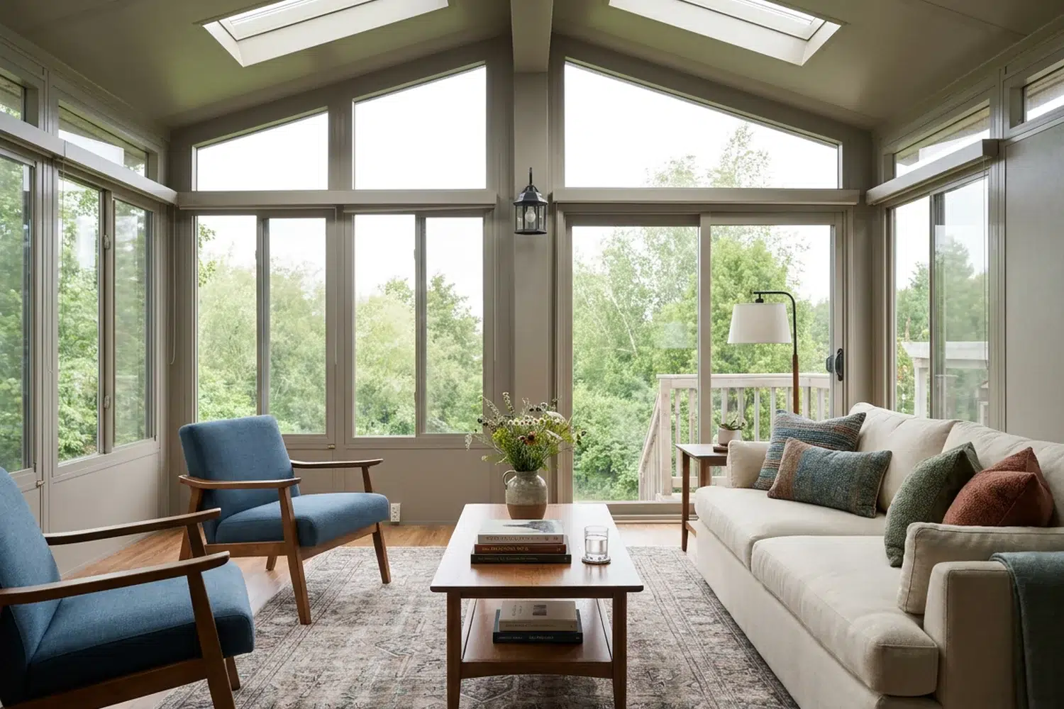 Bright insulated sunroom with large glass windows, skylights, sofa and blue chairs