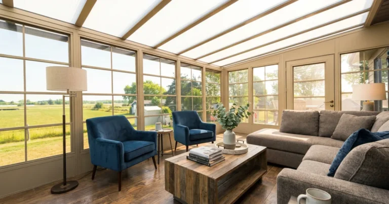 Furnished vinyl sunroom with four-track windows overlooking open fields