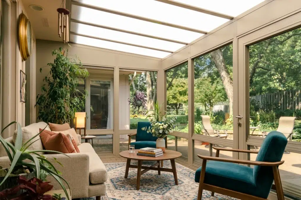 Model 200 sunroom with vinyl windows opened on adjacent walls for cross-