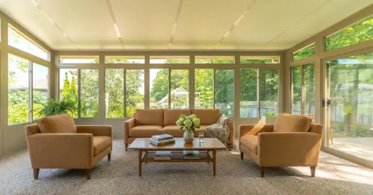 Bright three-season glass sunroom with large windows and a shaded panel roof