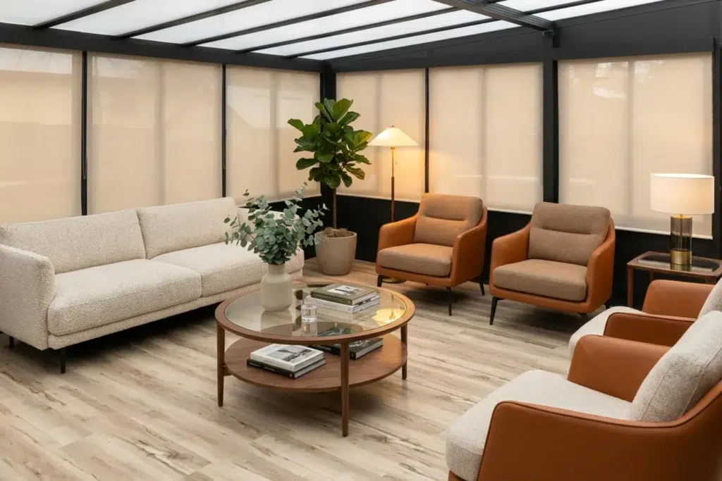Glass sunroom with light-coloured roller blinds lowered across the windows