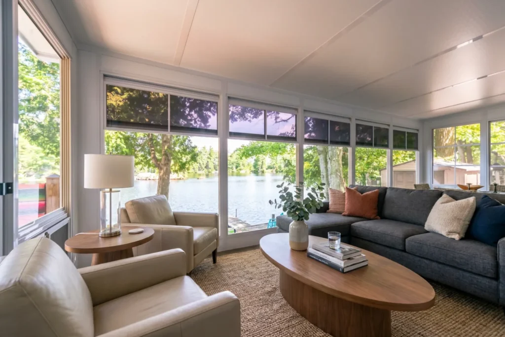 Four-track vinyl window panels opened above full mesh screens in a furnished sunroom
