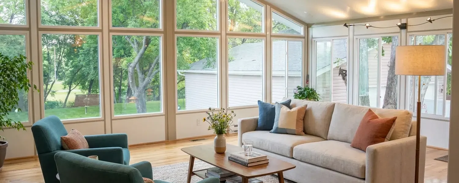 Spacious glass sunroom with a vaulted insulated roof, hardwood floor and seating area