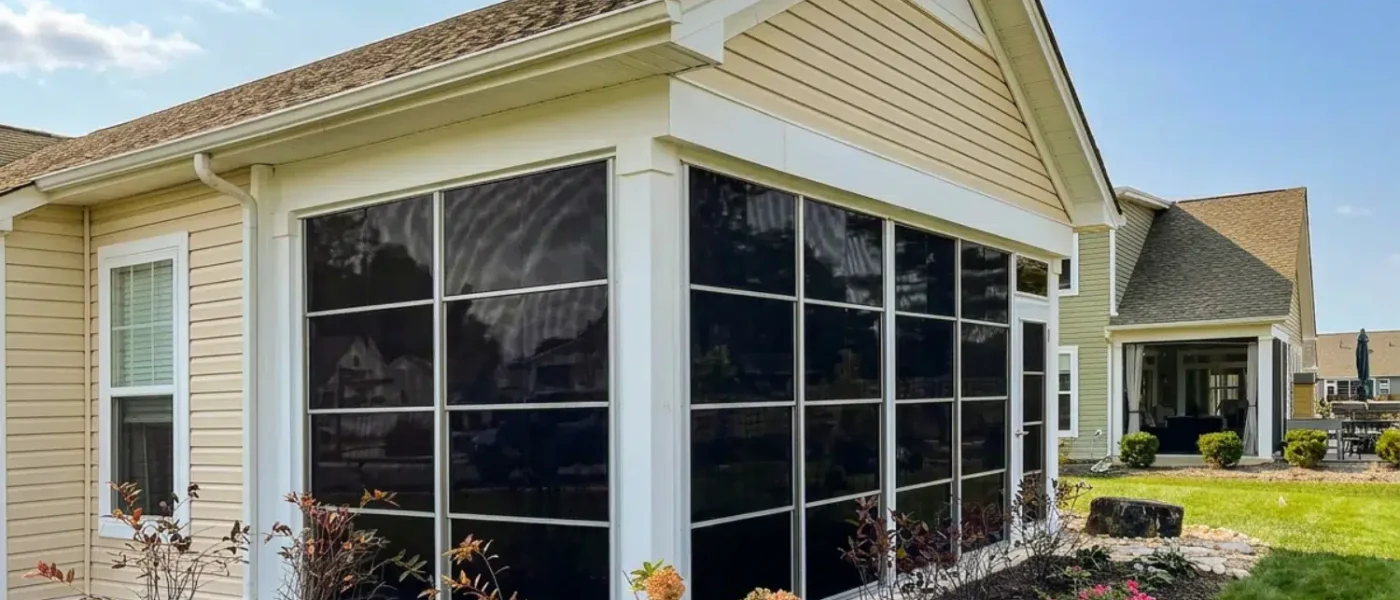 White sunroom addition with dark-tinted four-track vinyl windows