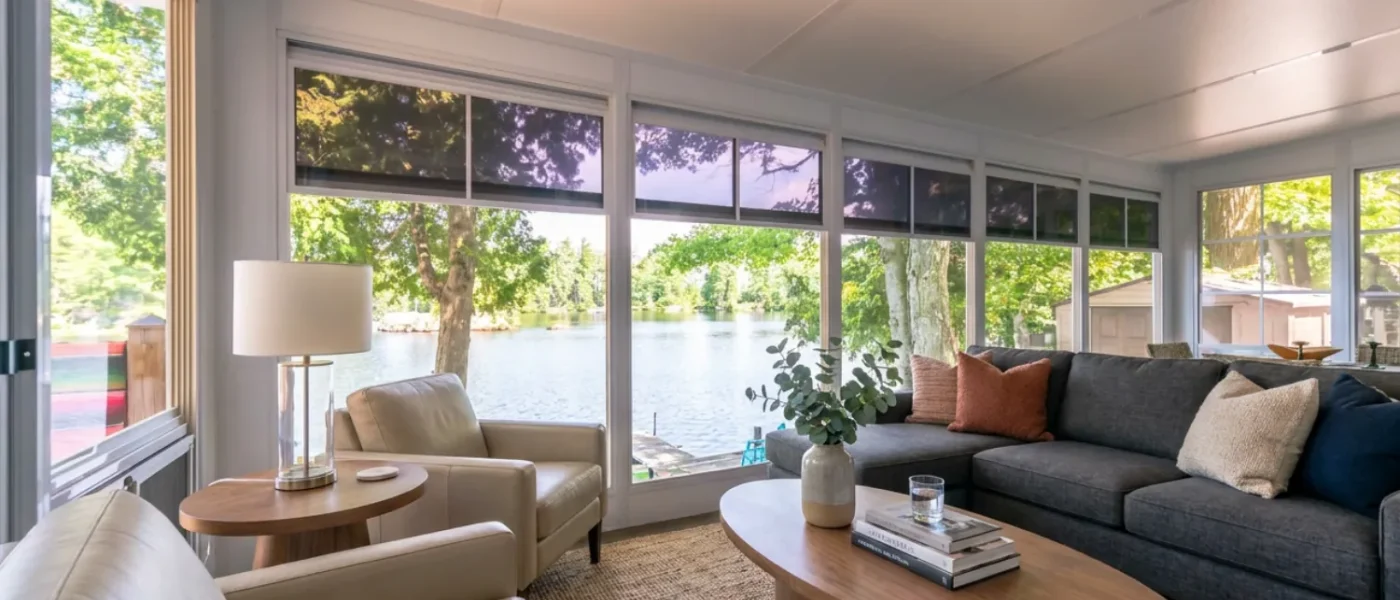 Four-track vinyl window panels opened above full mesh screens in a furnished sunroom
